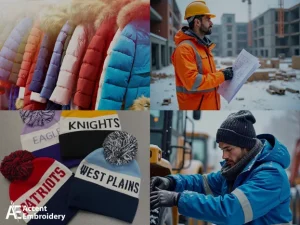 A collage of different images of a person wearing branded winter gear